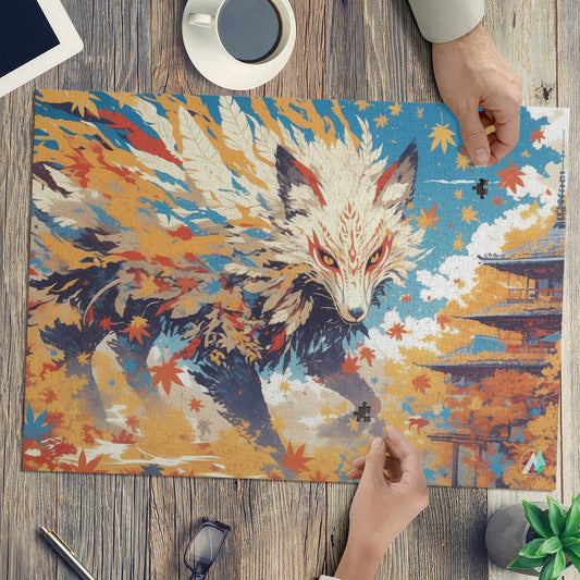 Fall'n for Foxes V Puzzle featuring a fox surrounded by leaves, available in 500 and 1000 pieces, crafted from premium ivory cardboard.