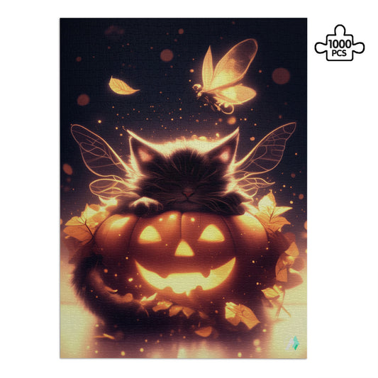 Faerie Feline I Puzzle: A whimsical cat with wings on a pumpkin, available in 500 or 1000 pieces, crafted from premium ivory cardboard.