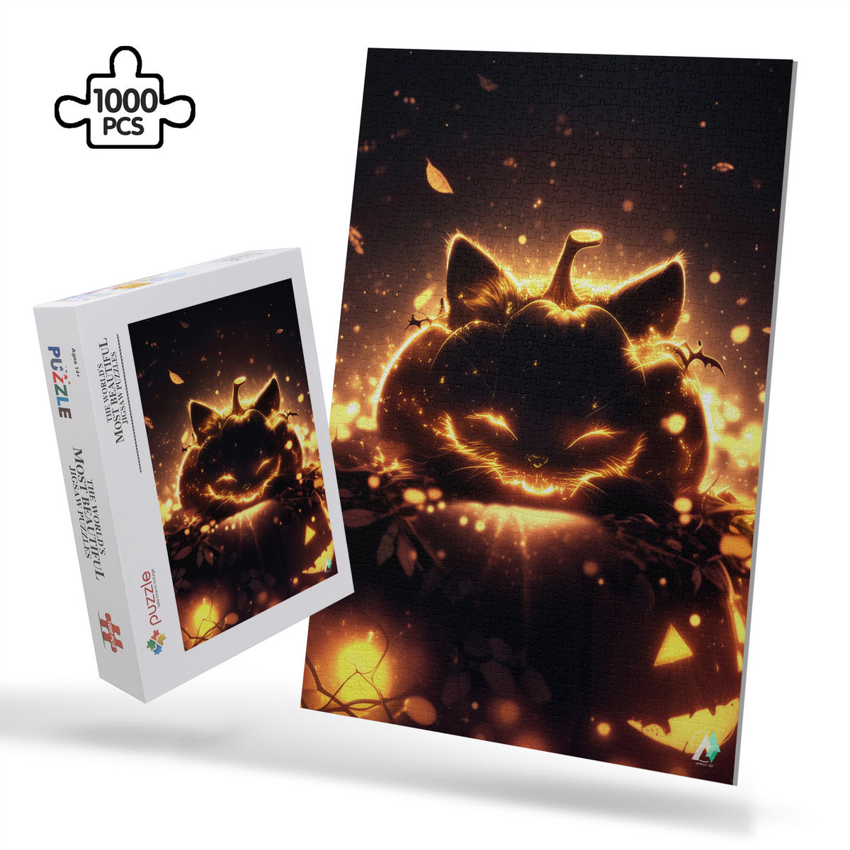 Cat-O'-Lantern Puzzle featuring a pumpkin with cat ears, available in 500 or 1000 pieces, crafted from premium ivory cardboard.