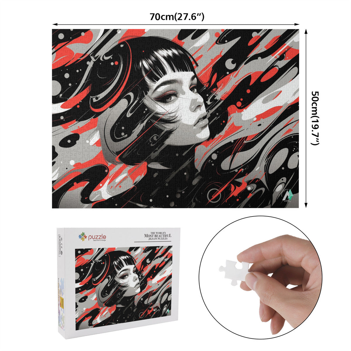 Fashion Trip II Puzzle featuring a woman's face, designed by @shinjoku13, available in 500 and 1000 pieces, made from premium ivory cardboard.