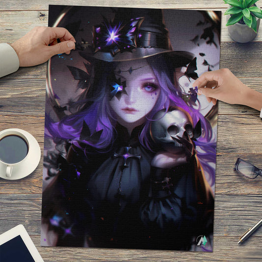 Brona and Friend Puzzle features a woman with purple hair holding a skull, inspired by artistic motifs and crafted from premium ivory cardboard.