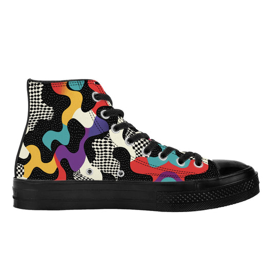 Trippy Drip High Top sneakers featuring psychedelic melting geometric patterns in vibrant red, yellow, teal, and purple colors with checkered details on flowing abstract shapes