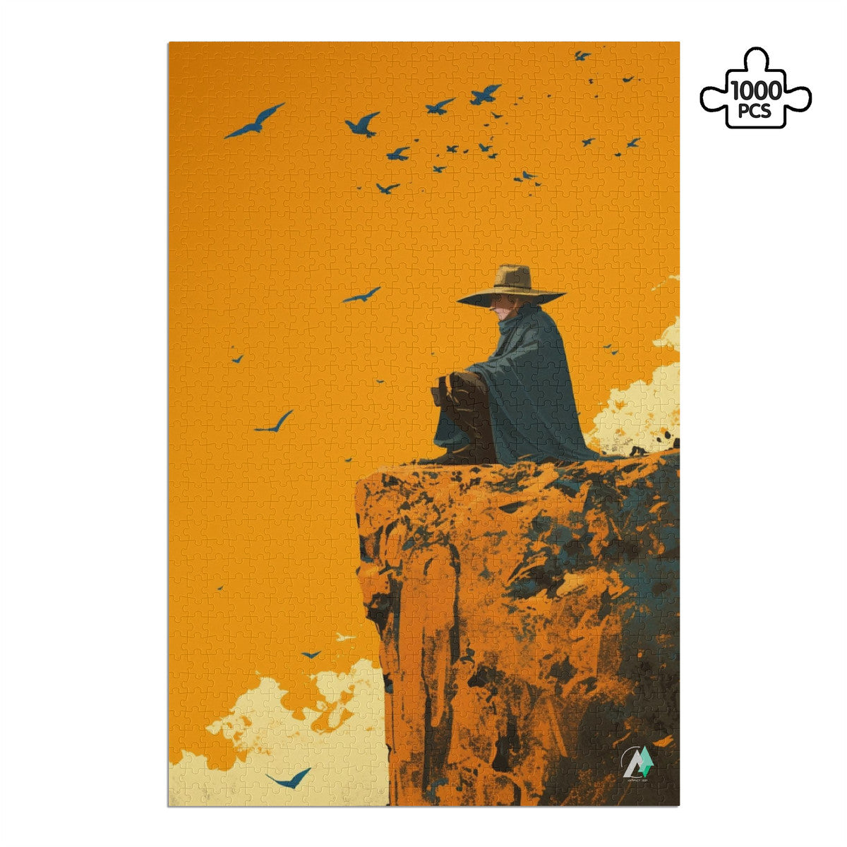 Cliffside Reverie Puzzle features an artistic depiction of a man on a cliff, available in 500 and 1000 pieces, crafted from premium ivory cardboard.