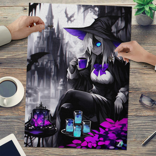Witch's Sip Puzzle featuring a witch enjoying tea in a whimsical, artistic style. Available in 500 and 1000 pieces with premium cardboard.