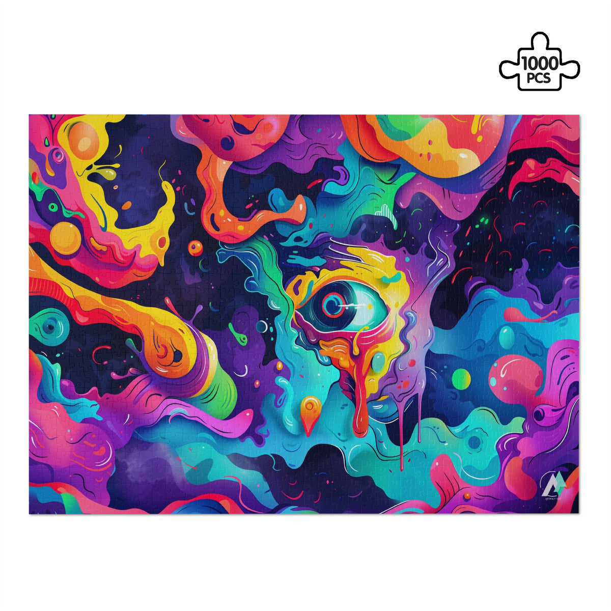 Dreamweaver's Gaze I Puzzle featuring a vibrant abstract design, available in 500 or 1000 pieces, crafted from premium ivory cardboard with satin finish.