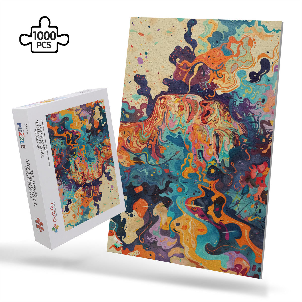 Liquid Trance I Puzzle features a vibrant, modern artwork of a woman's face, available in 500 or 1000 pieces, crafted from premium ivory cardboard.