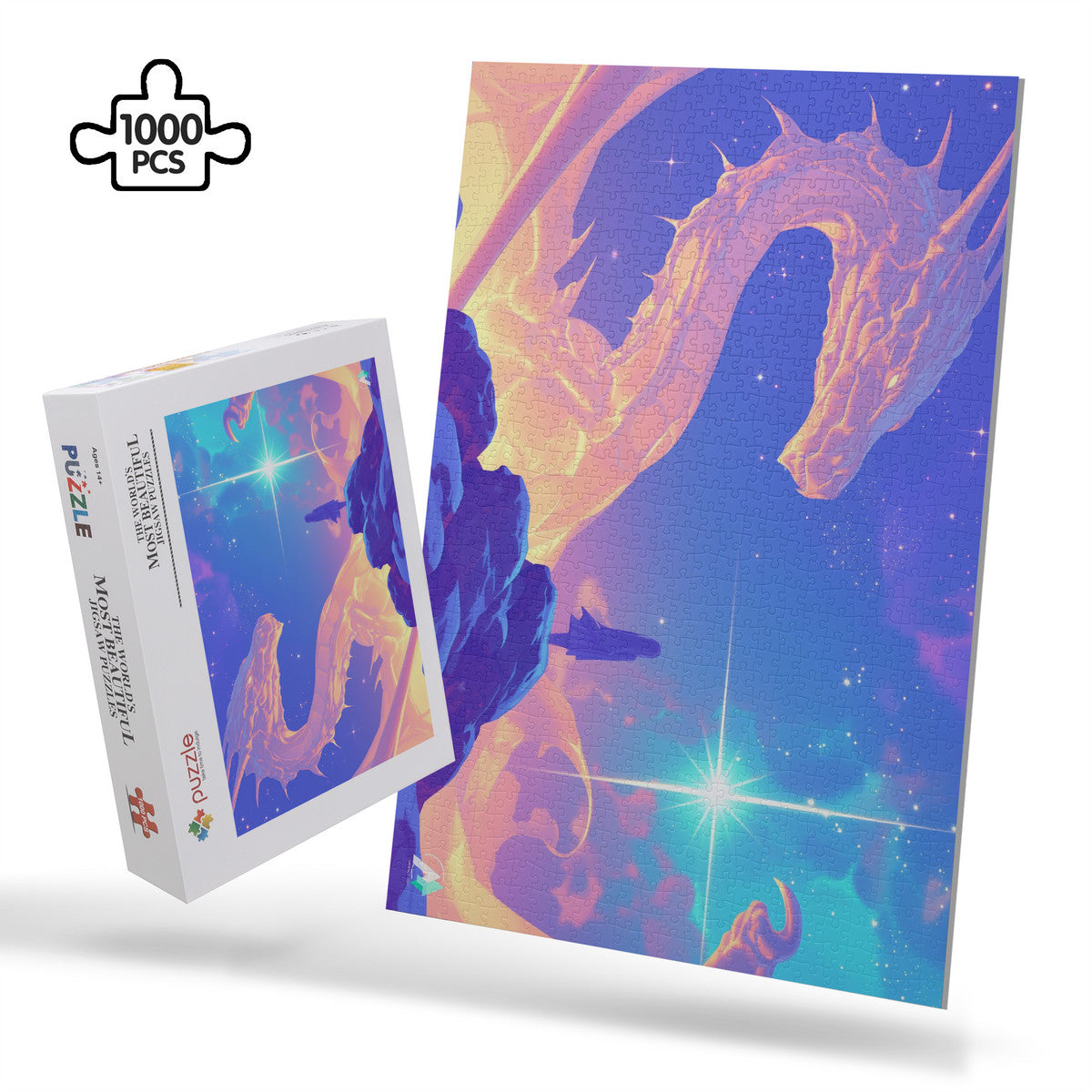 Supernal Gift Puzzle: A 500 or 1000-piece jigsaw featuring a girl on a rock with a dragon and star, crafted on premium ivory cardboard.
