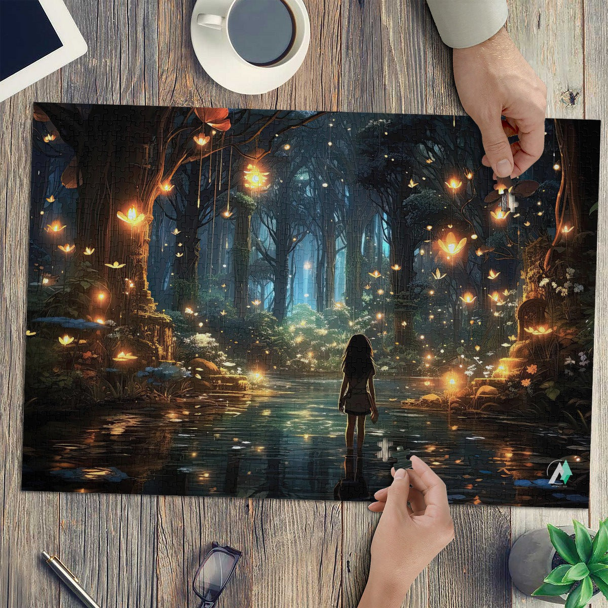 Forest of Magic I Puzzle featuring a girl in a mystical forest, available in 500 or 1000 pieces, made from premium ivory cardboard with a satin finish.