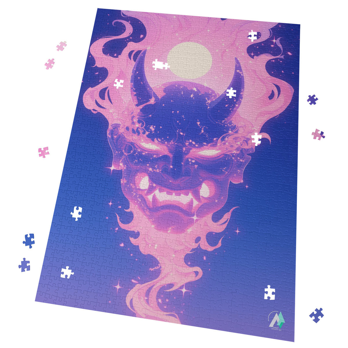 Oni Spirit Mask VIII Puzzle featuring a demon face, available in 500 and 1000 pieces, crafted from premium ivory cardboard with a satin finish.