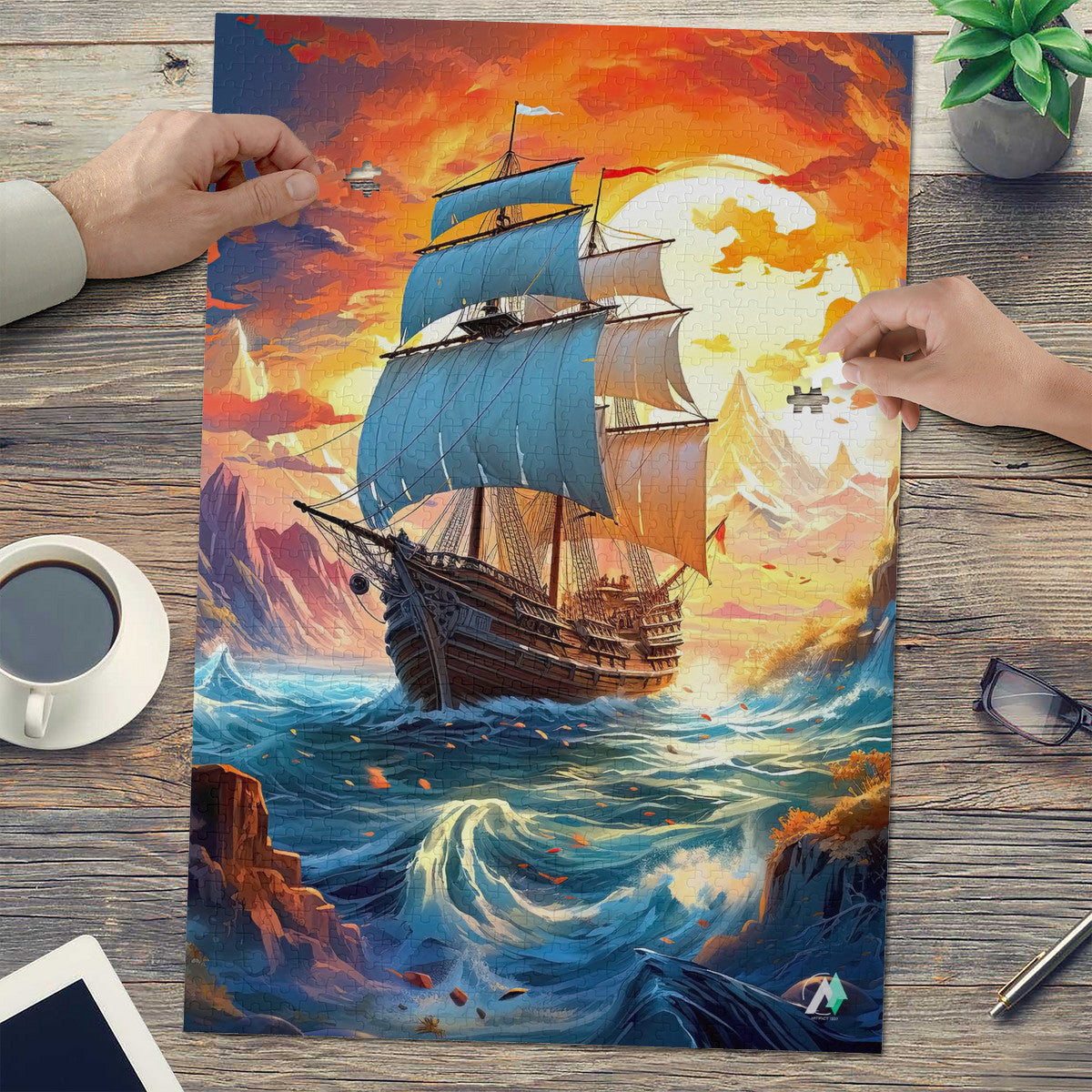 Treacherous Sailing Puzzle featuring a ship navigating ocean waves, available in 500 or 1000 pieces, crafted from premium ivory cardboard with satin finish.