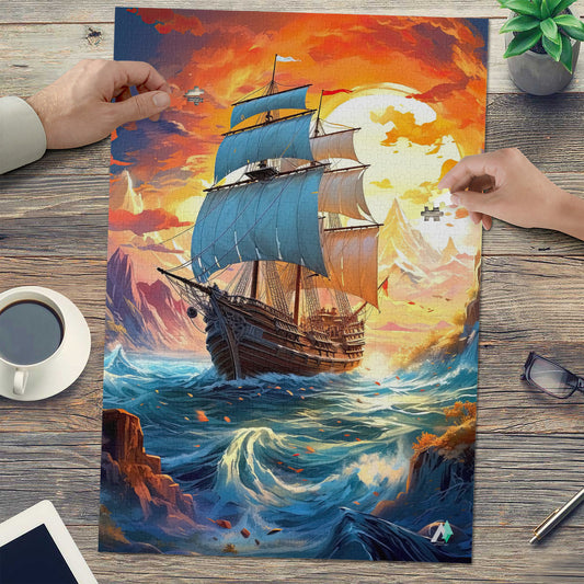 Treacherous Sailing Puzzle featuring a ship navigating ocean waves, available in 500 or 1000 pieces, crafted from premium ivory cardboard with satin finish.