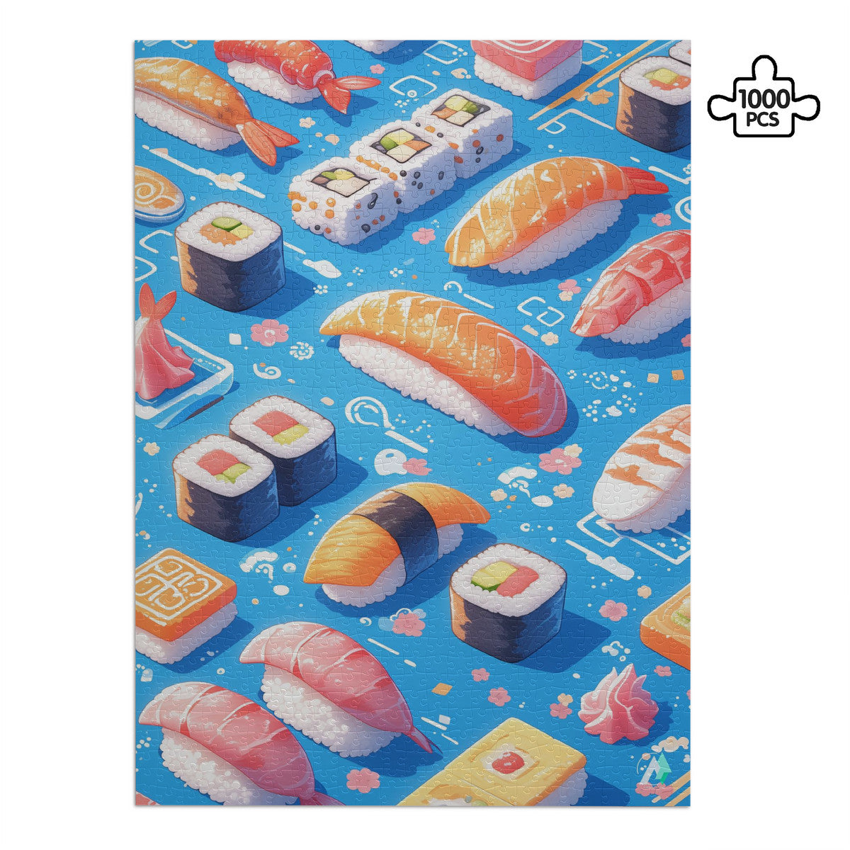 Sushi II Puzzle features intricate sushi-themed designs on premium ivory cardboard, available in 500 and 1000 pieces by artist @shinjoku13.