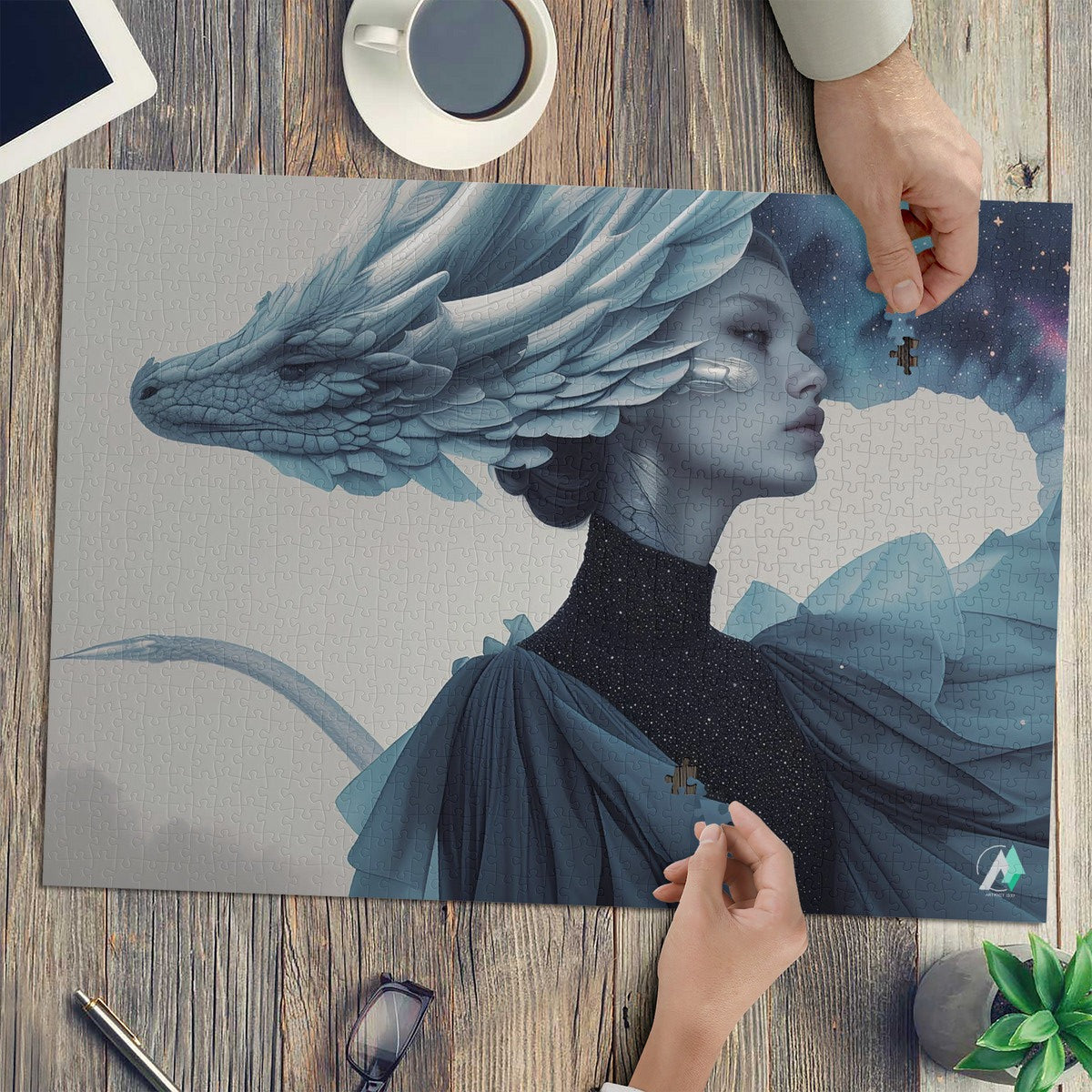 Wyvern Wyre III Puzzle features a woman with a dragon next to her head and wings, made of premium ivory cardboard, available in 500 and 1000 pieces.