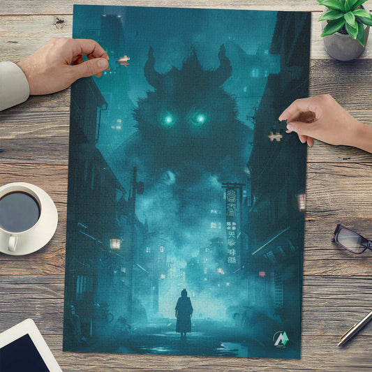 The Yokai Mystiques IV Puzzle features a city scene with a giant monster, available in 500 and 1000 pieces, crafted from premium ivory cardboard.