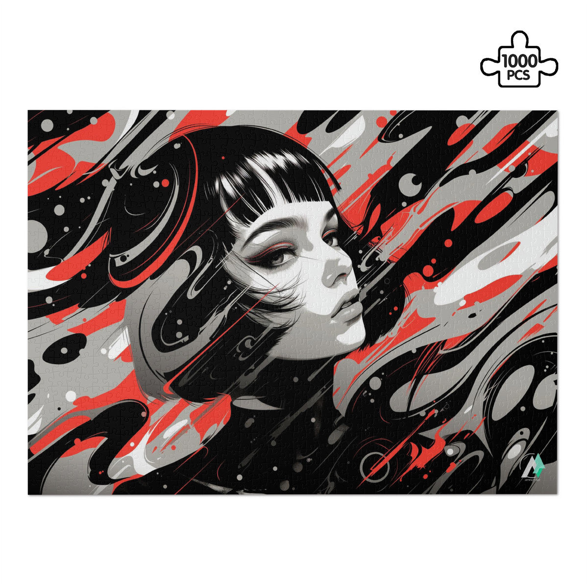 Fashion Trip II Puzzle featuring a woman's face, designed by @shinjoku13, available in 500 and 1000 pieces, made from premium ivory cardboard.