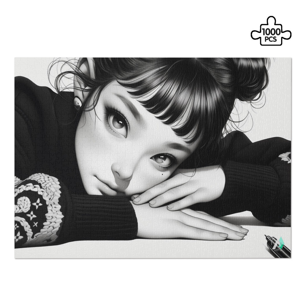 Girl in Reflection Puzzle showcases a serene portrait of a girl resting her head on her hands, available in 500 or 1000 pieces.
