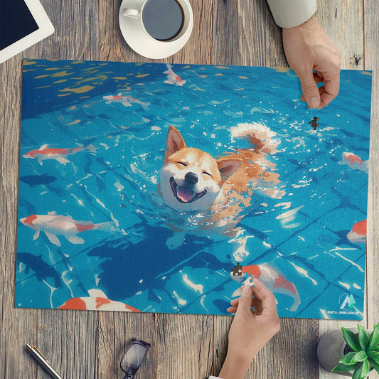 Chibi Shiba IV Puzzle featuring a dog swimming in a pool with koi fish, available in 500 and 1000 pieces, crafted from premium ivory cardboard.