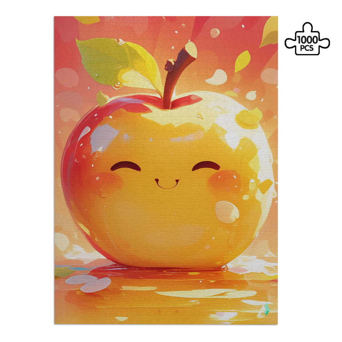 Chibi Apple Puzzle featuring a whimsical yellow apple design, available in 500 and 1000 pieces, made from premium ivory cardboard with satin finish.