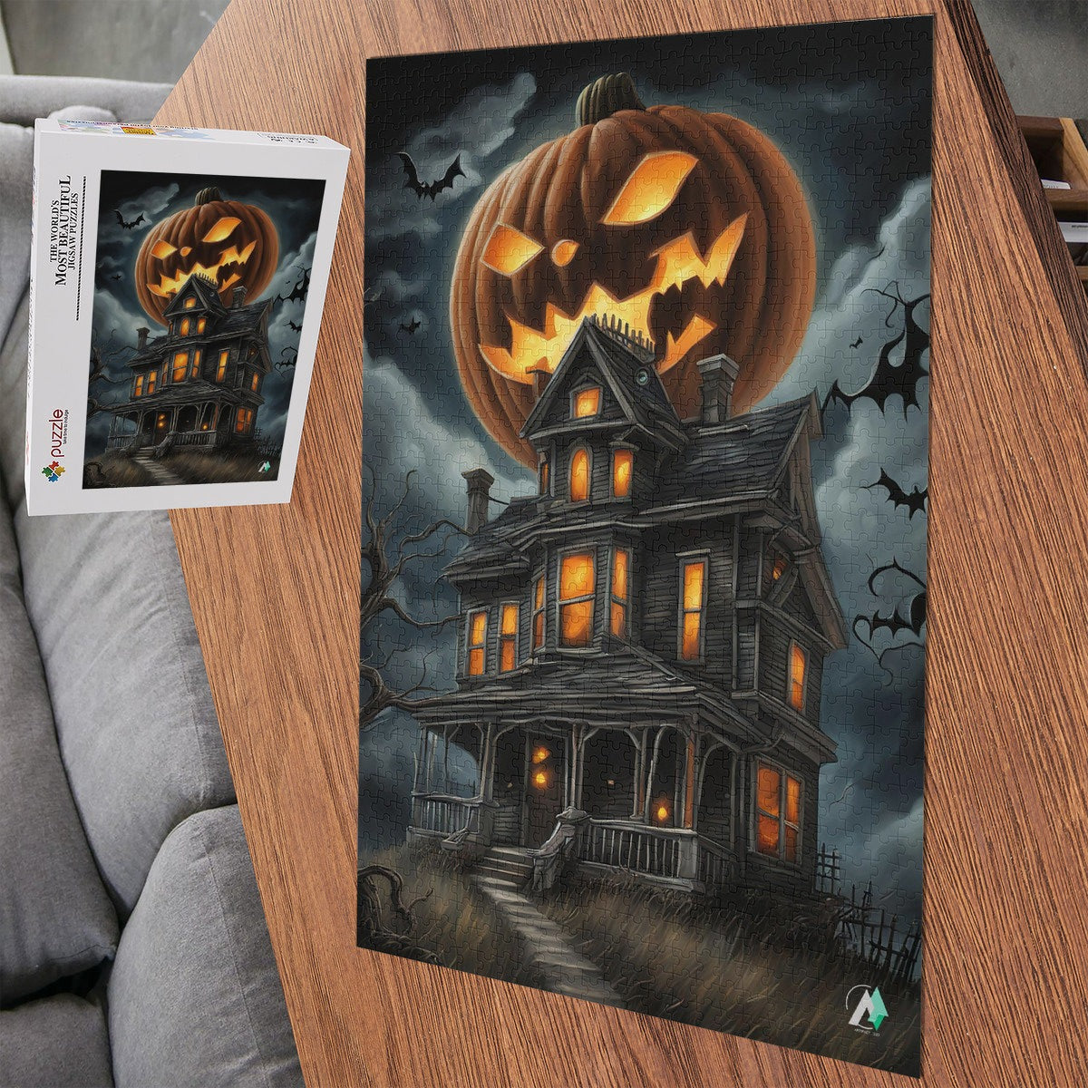 Pumpkin Manor puzzle featuring a pumpkin-topped house, crafted from premium ivory cardboard. Available in 500 and 1000 pieces, showcasing artwork by @crazydancingguy.
