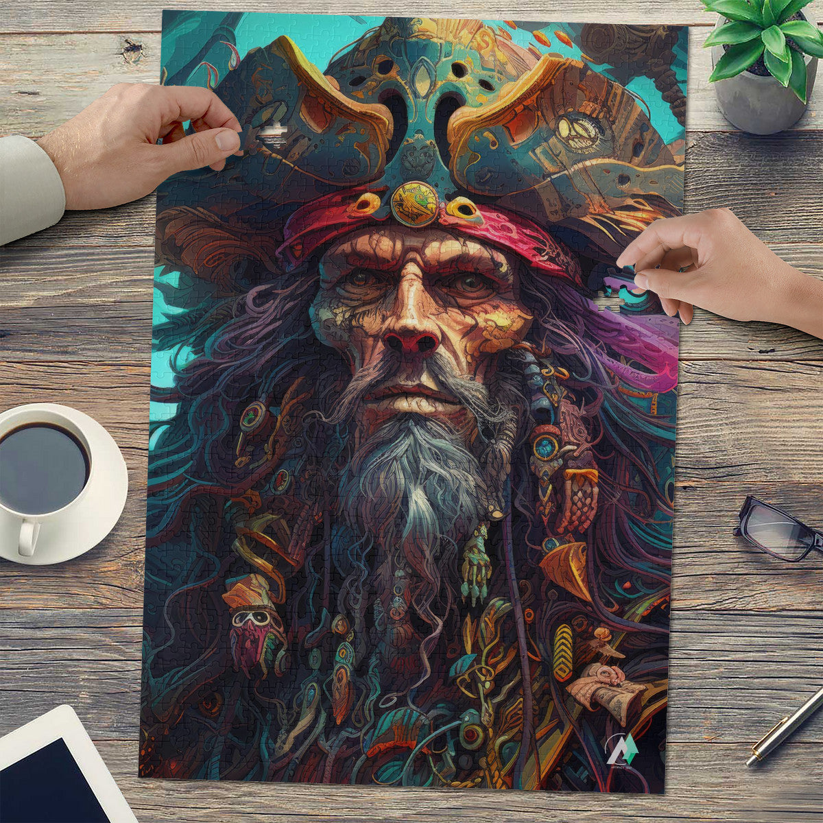 Pirate Lord II Puzzle: A 500 or 1000-piece jigsaw featuring a bearded man with a pirate hat, crafted from premium ivory cardboard.
