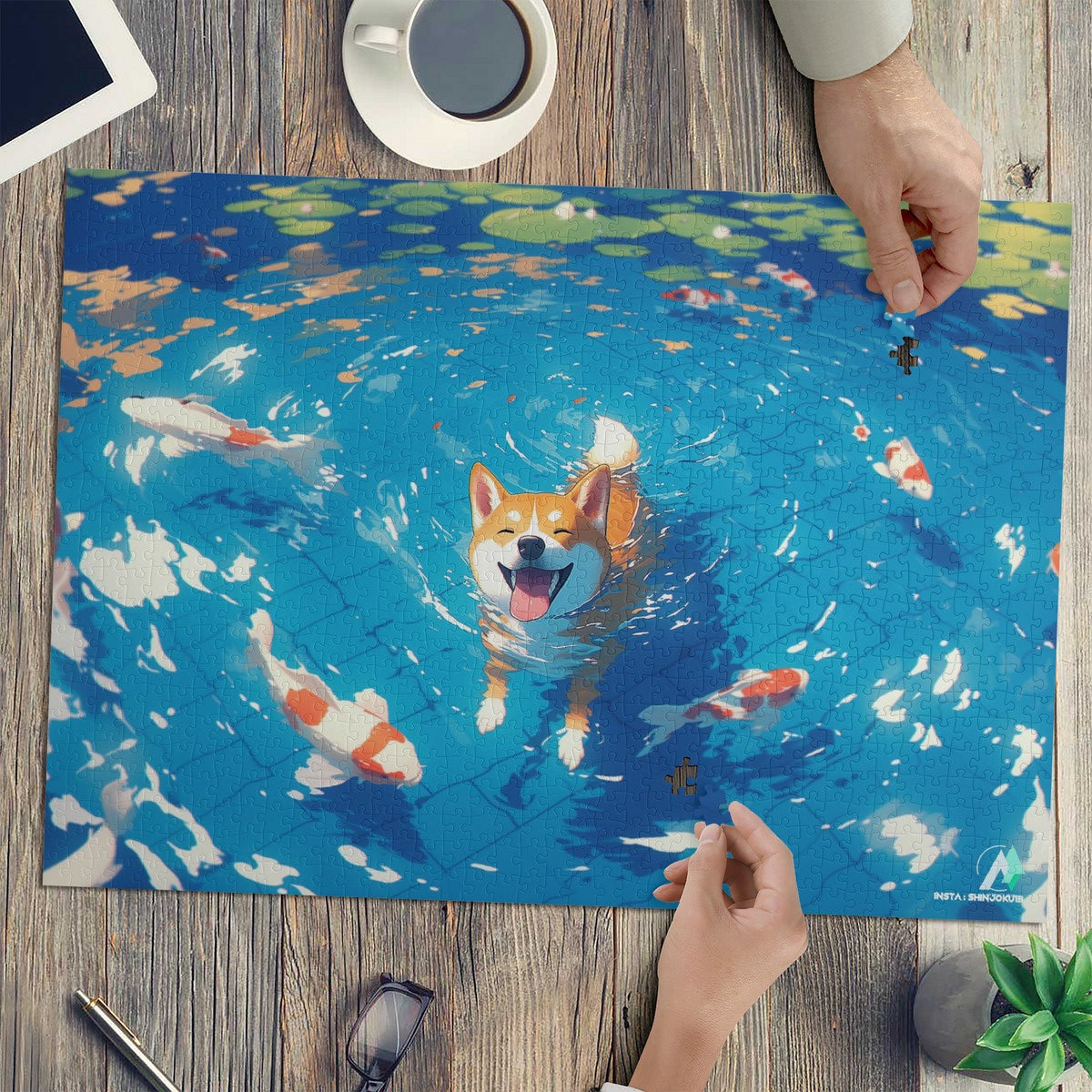 Chibi Shiba V Puzzle featuring a dog swimming with fish, available in 500 or 1000 pieces, crafted from premium ivory cardboard.