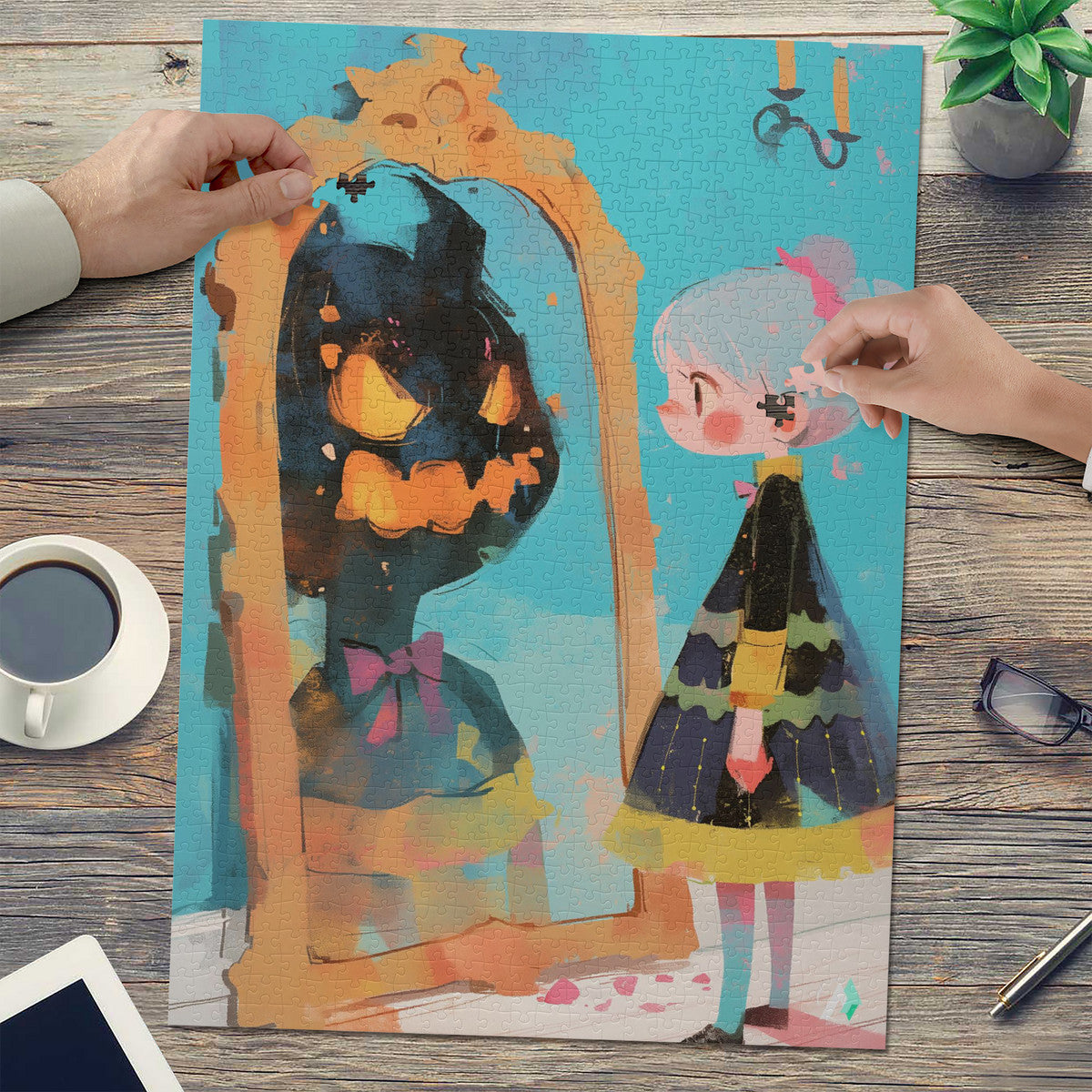 Little House of Horrors VI Puzzle featuring a girl gazing at a mirror with a monster gazing back, available in 500 or 1000 pieces, crafted from premium ivory cardboard.