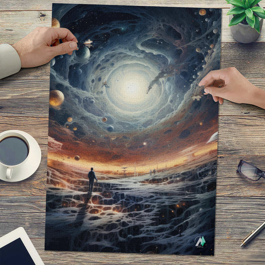 Celestial Portal II Puzzle: A person walks on an alien landscape on a moon with planets in a space scene. Available in 500 or 1000 pieces, featuring premium cardboard.