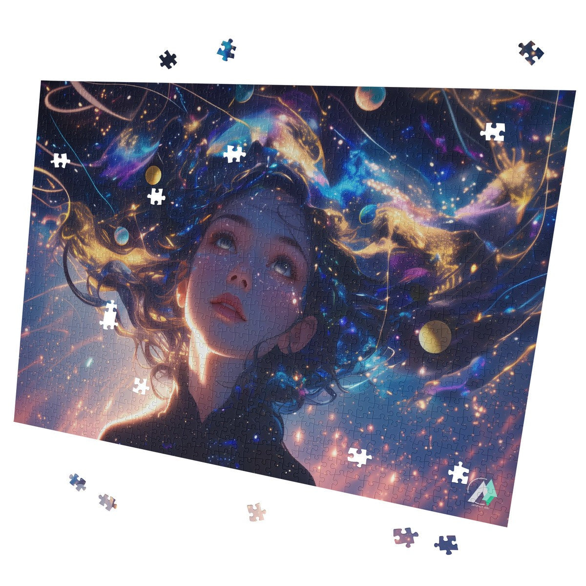 Cosmic Serenity II Puzzle features a colorful-haired girl in a fantastical scene, available in 500 or 1000 pieces, crafted on premium ivory cardboard.