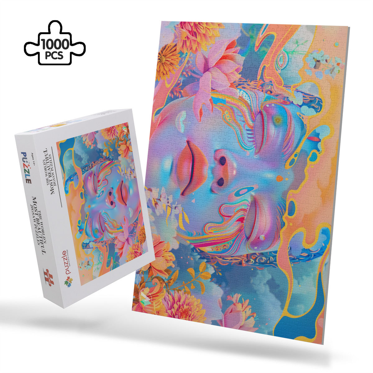 Indian Veda in Pastels I Puzzle: A 500 or 1000-piece puzzle featuring a woman's face adorned with flowers, showcasing modern art by @shinjoku13.