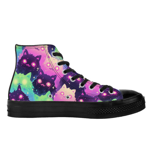 Feline's Gaze II (Blk) | 1337 High Tops: High-top canvas sneakers with black laces, black rubber sole, featuring neon cartoon cat faces on a galaxy-style fabric.