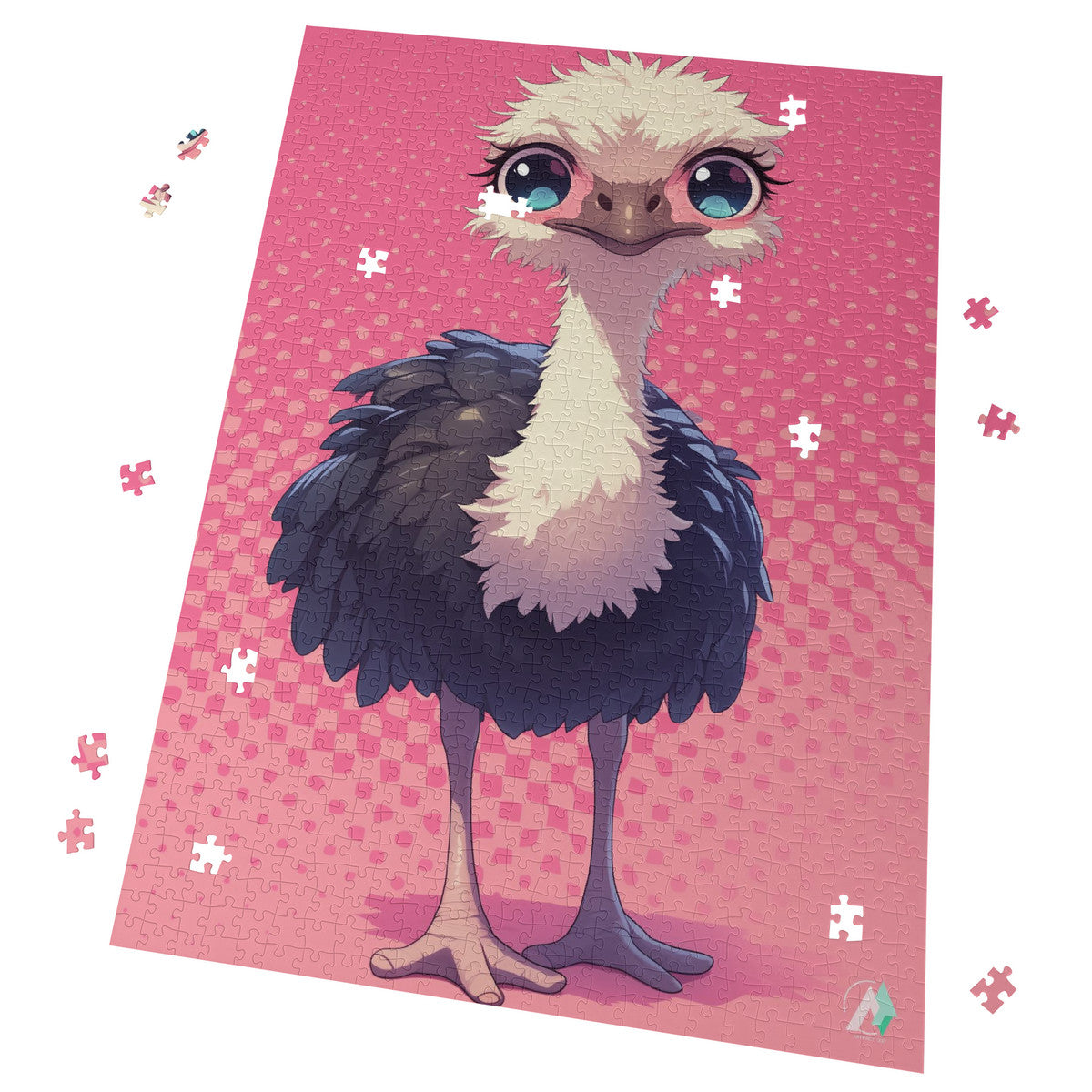 Chibi Safari Ostrich Puzzle: A cartoon ostrich puzzle, available in 500 or 1000 pieces, crafted from premium ivory cardboard with a satin finish.