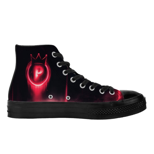 Darth Peaches 1337 High Tops: Black canvas sneaker with glowing red P and crown graphic, black laces, and sole. Exclusive, unisex, made-to-order footwear.