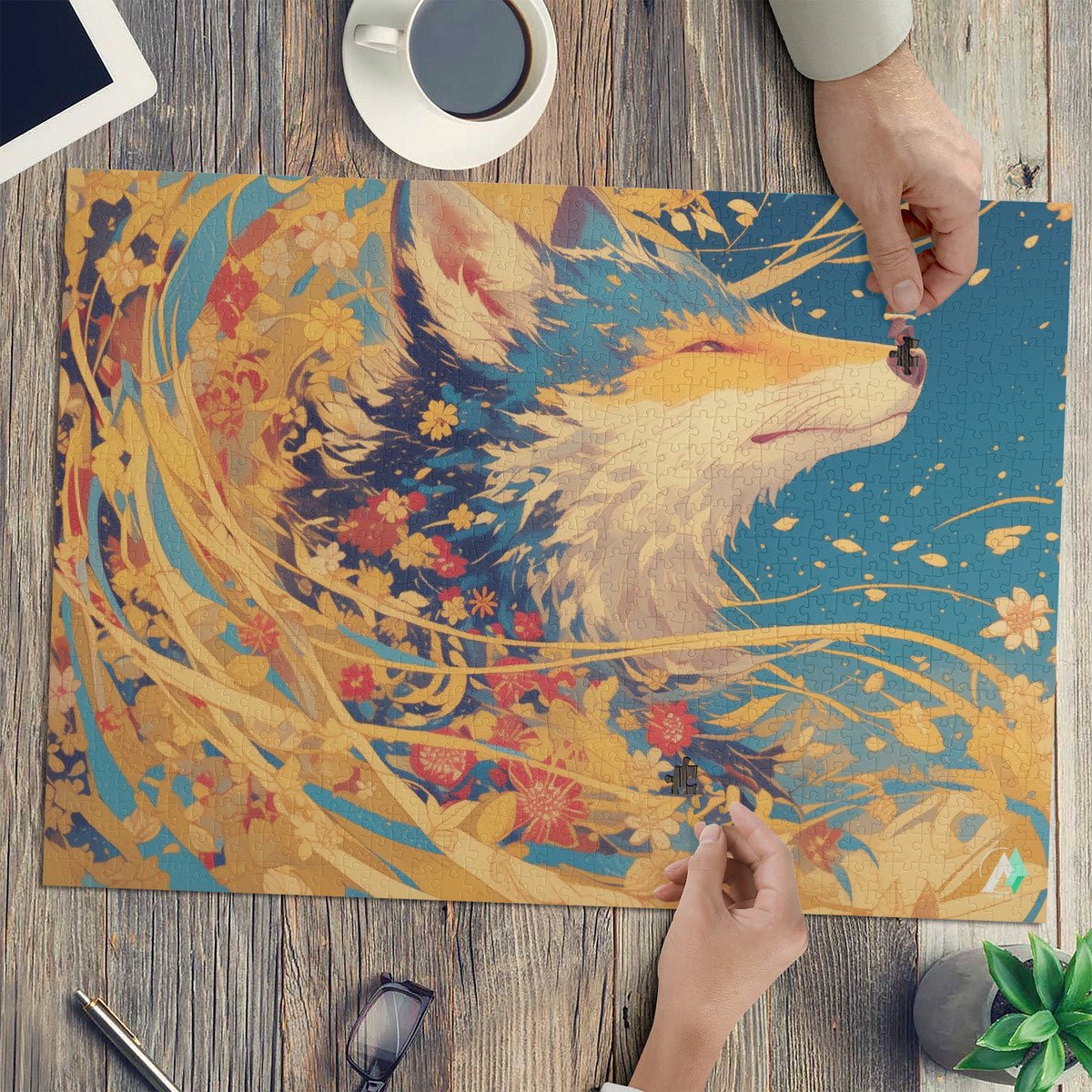 Fox-themed jigsaw puzzle from Fall'n for Foxes III collection, featuring intricate artwork by @drewsidious, available in 500 and 1000 pieces, made from premium ivory cardboard.