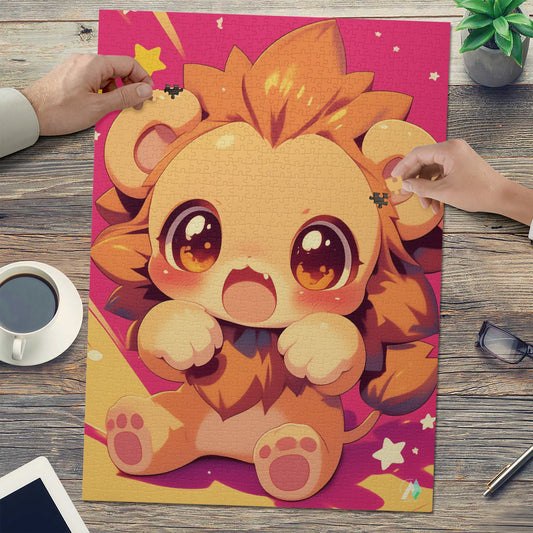 Chibi Safari Lion I Puzzle featuring a whimsical cartoon lion design by @shinjoku13, available in 500 and 1000 pieces, made from premium satin-finished cardboard.