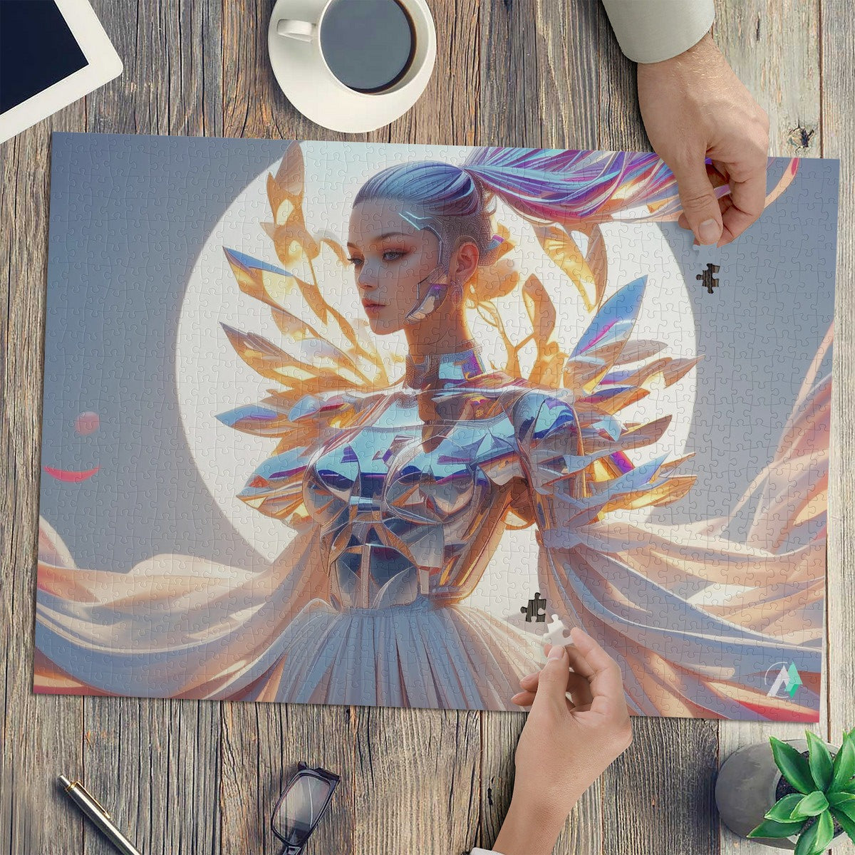 Amara-X III Puzzle features a futuristic woman in a stylish garment, part of a 500 or 1000-piece premium jigsaw puzzle.
