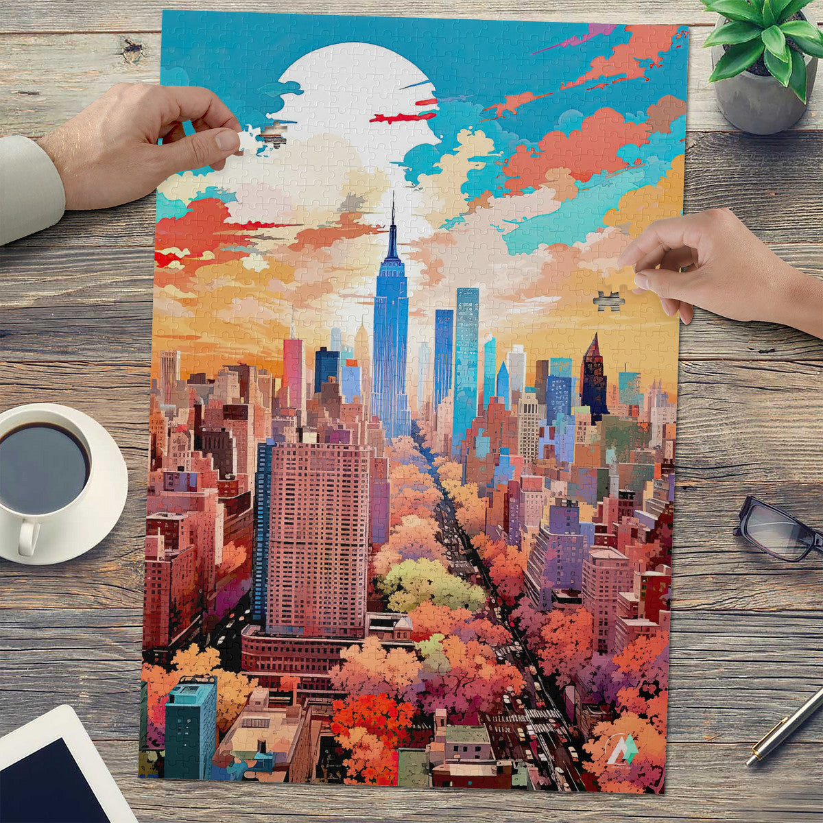 New York in Pastels II Puzzle features a cityscape design, showcasing skyscrapers and buildings in vibrant colors, available in 500 or 1000 pieces, made from premium ivory cardboard.