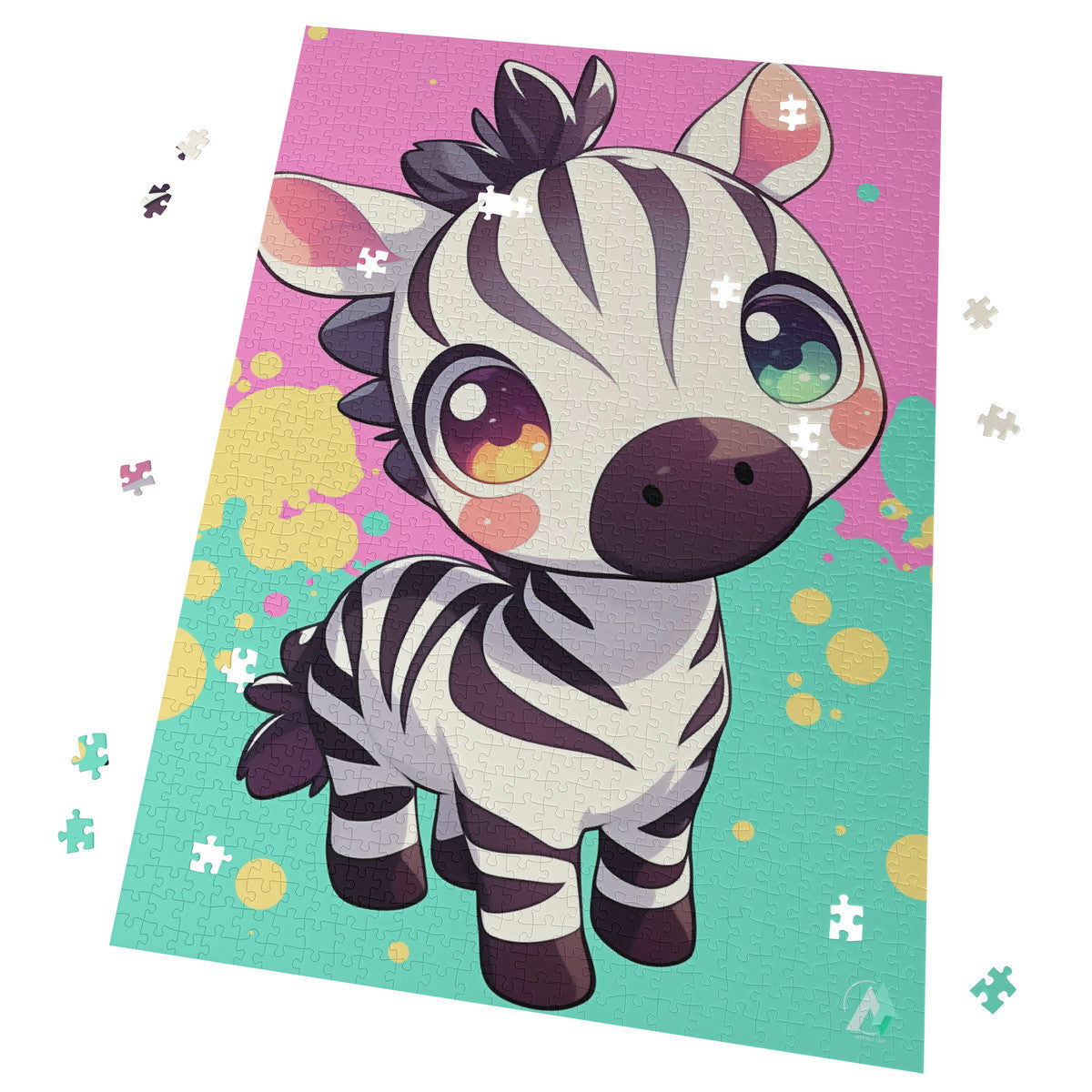 Chibi Safari Zebra Puzzle featuring a cartoon zebra illustration by artist @shinjoku13, available in 500 and 1000 pieces, made from premium ivory cardboard.