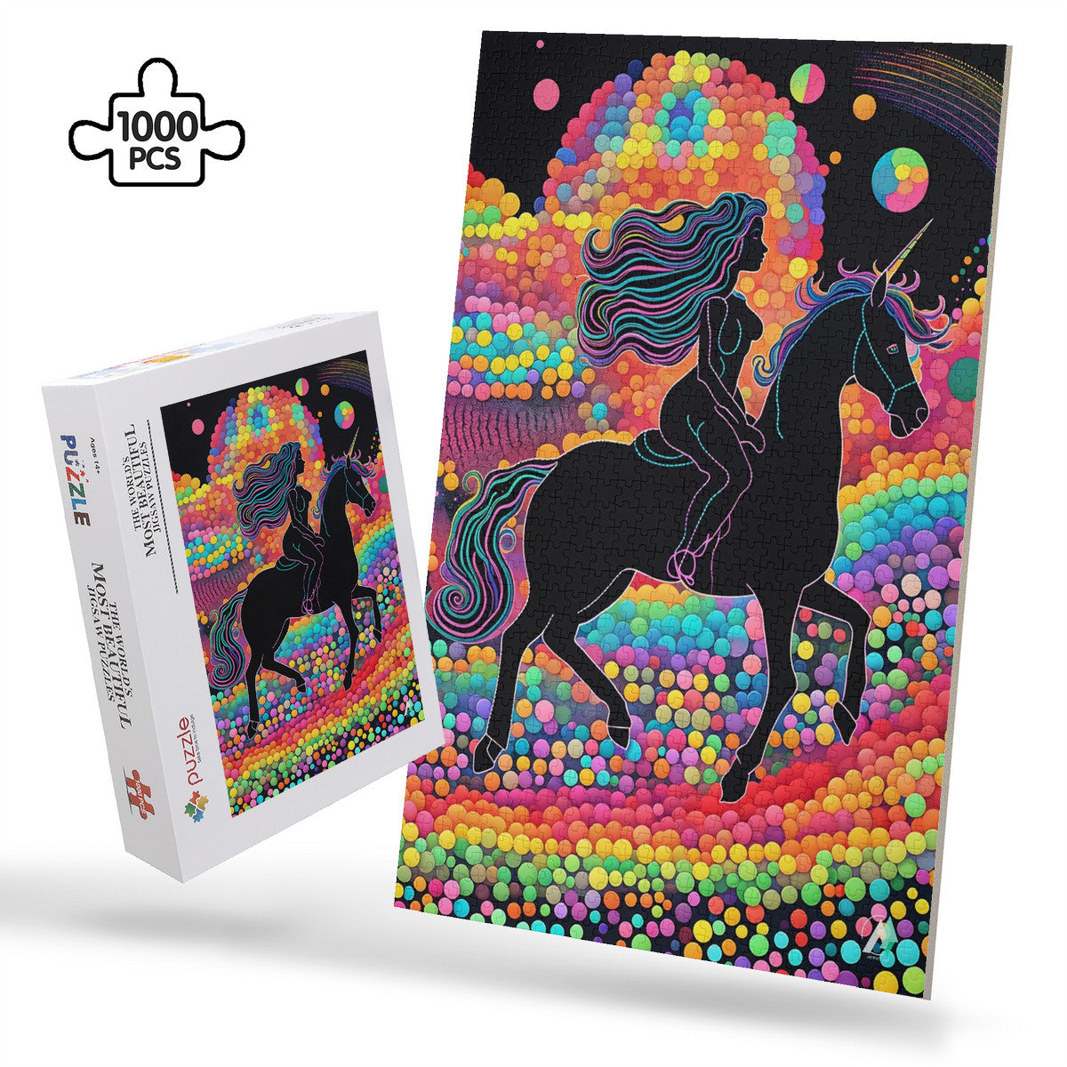 Rainbow Runner Puzzle featuring a woman riding a unicorn, available in 500 or 1000 pieces, crafted from premium ivory cardboard with a satin finish.