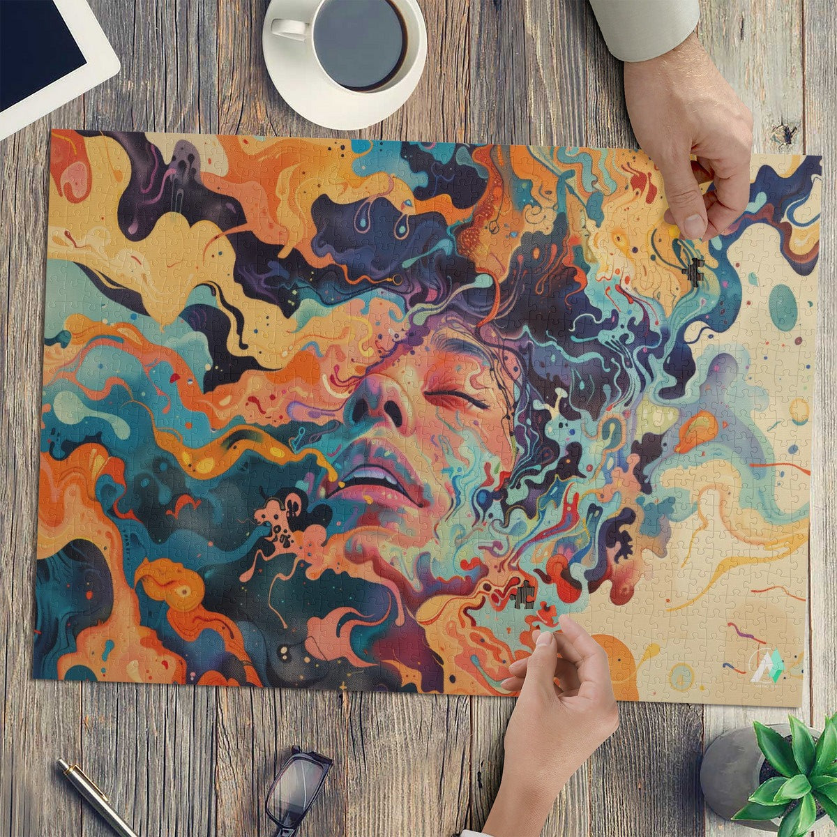 Liquid Trance II Puzzle features a vibrant, modern artwork of a woman's face, available in 500 or 1000 pieces, crafted from premium ivory cardboard.