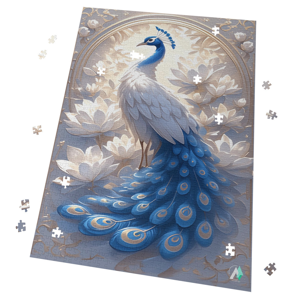 Peacock Nouveau II Puzzle featuring intricate peacock artwork by @shinjoku13, available in 500 and 1000 pieces, crafted from premium ivory cardboard.