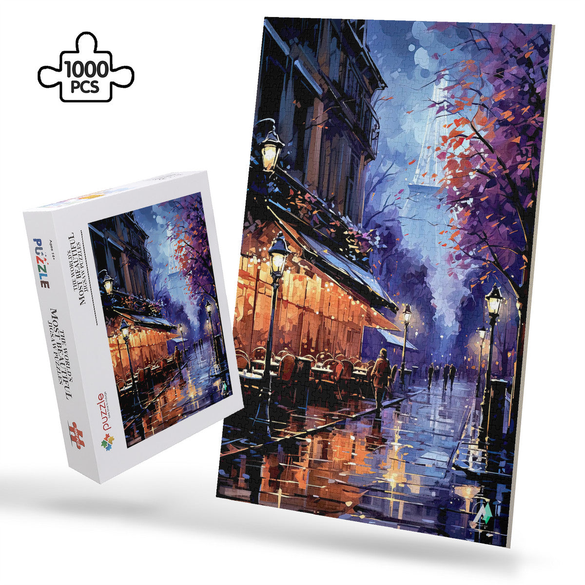 Paris in Lavender I Puzzle featuring a rainy street scene with people, tables, and vibrant artwork. Available in 500 and 1000 pieces, made from premium ivory cardboard.