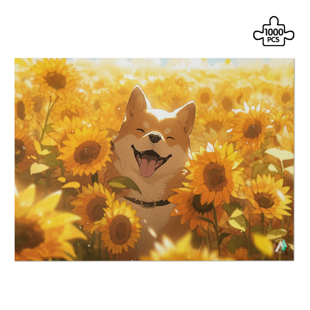 Chibi Shiba III Puzzle: A dog in a sunflower field puzzle, available in 500 or 1000 pieces, featuring artwork by @shinjoku13.