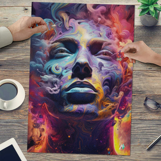 Titan Rising Puzzle featuring a woman's face enveloped in multicolored smoke, crafted from premium ivory cardboard with a satin finish, available in 500 and 1000 pieces.