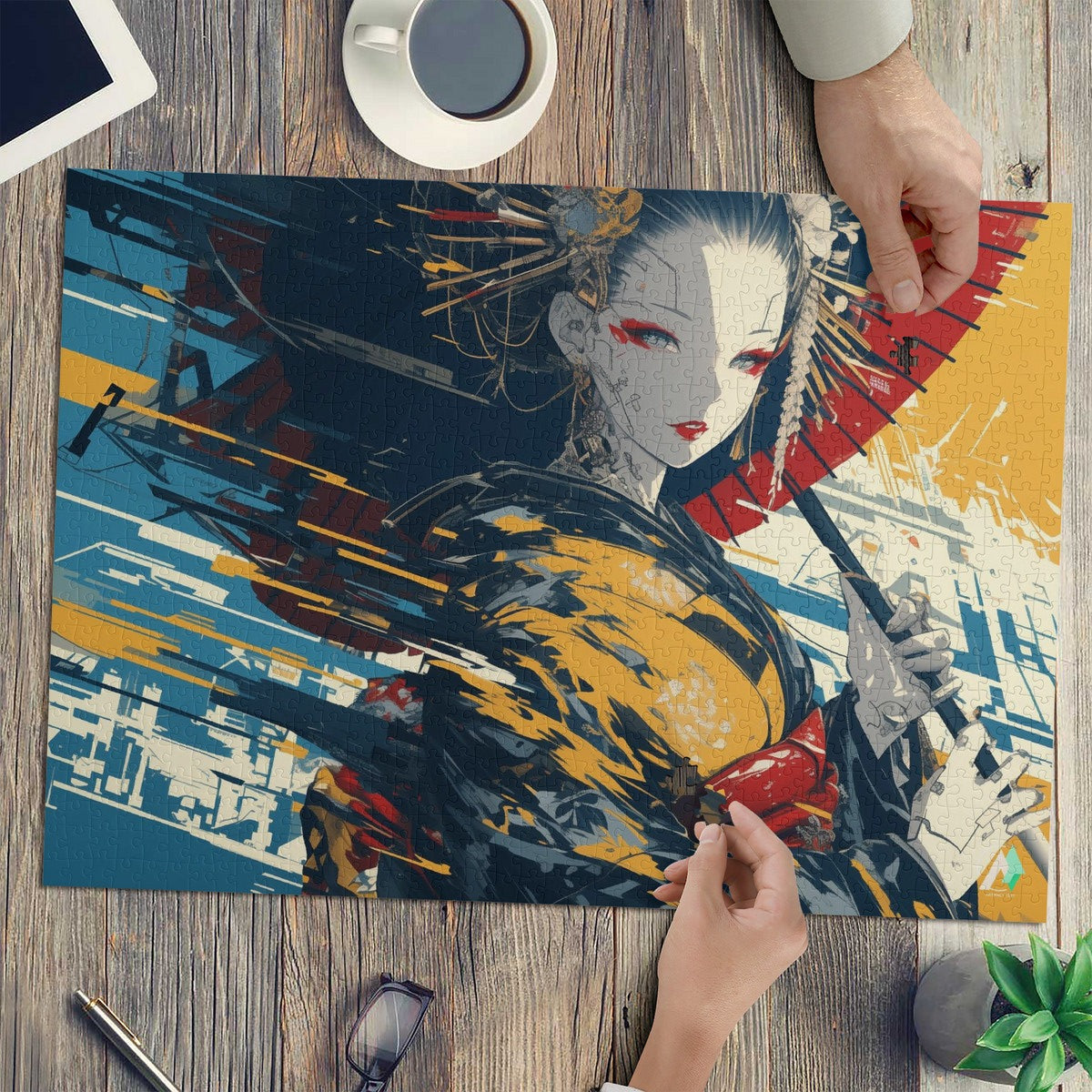 Geisha Borg Puzzle featuring a woman Japanese geisha robot holding an umbrella with intricate details, available in 500 or 1000 pieces. Artwork by @shinjoku13.