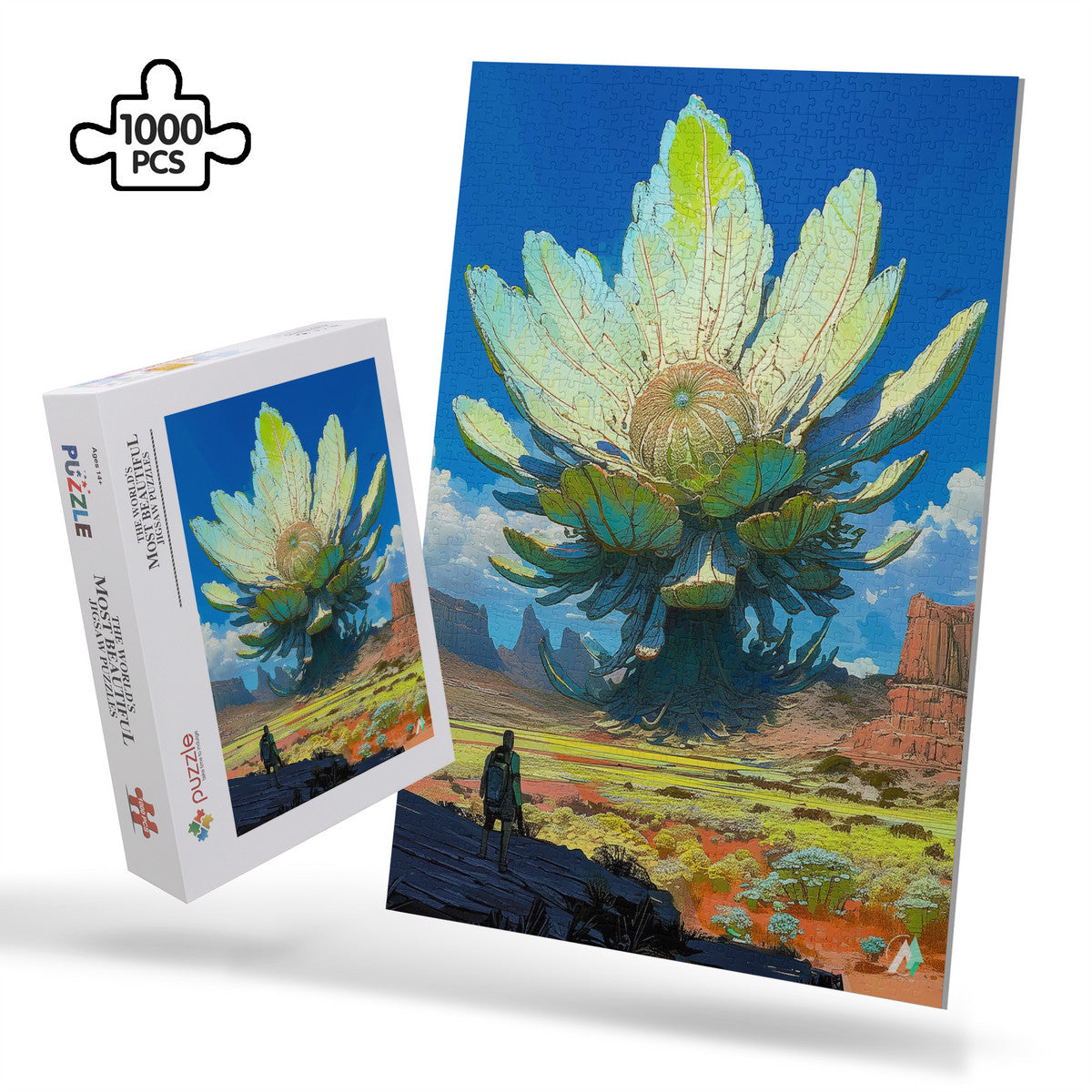 Galleria Galactica V Puzzle featuring a desert scene with a man, plant, and red rock; available in 500 and 1000 pieces.