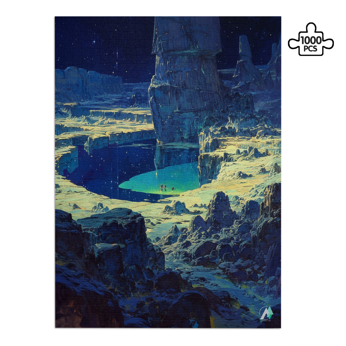 Galleria Galactica IV Puzzle featuring a landscape with a pond and mountain. Available in 500 or 1000 pieces, made from premium ivory cardboard.