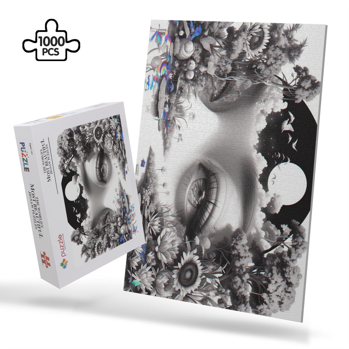 Peering Into II Puzzle features a woman's face surrounded by flowers, capturing surreal artistry. Available in 500 or 1000 pieces for a challenging experience.