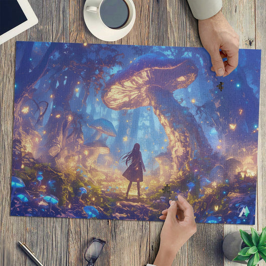 Forest of Magic VI Puzzle: A girl with long hair stands among mushrooms in a forest. Available in 500 and 1000 pieces from artist @shinjoku13.
