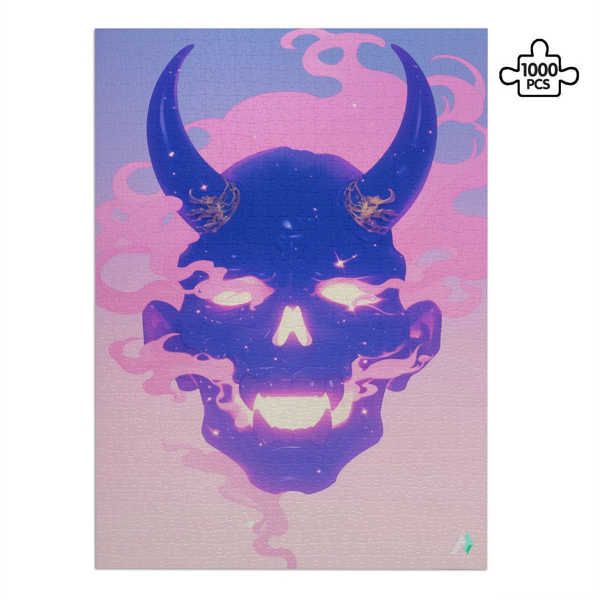 Oni Spirit Mask IV Puzzle featuring a skull with horns, available in 500 and 1000 pieces, crafted from premium ivory cardboard with a satin finish.