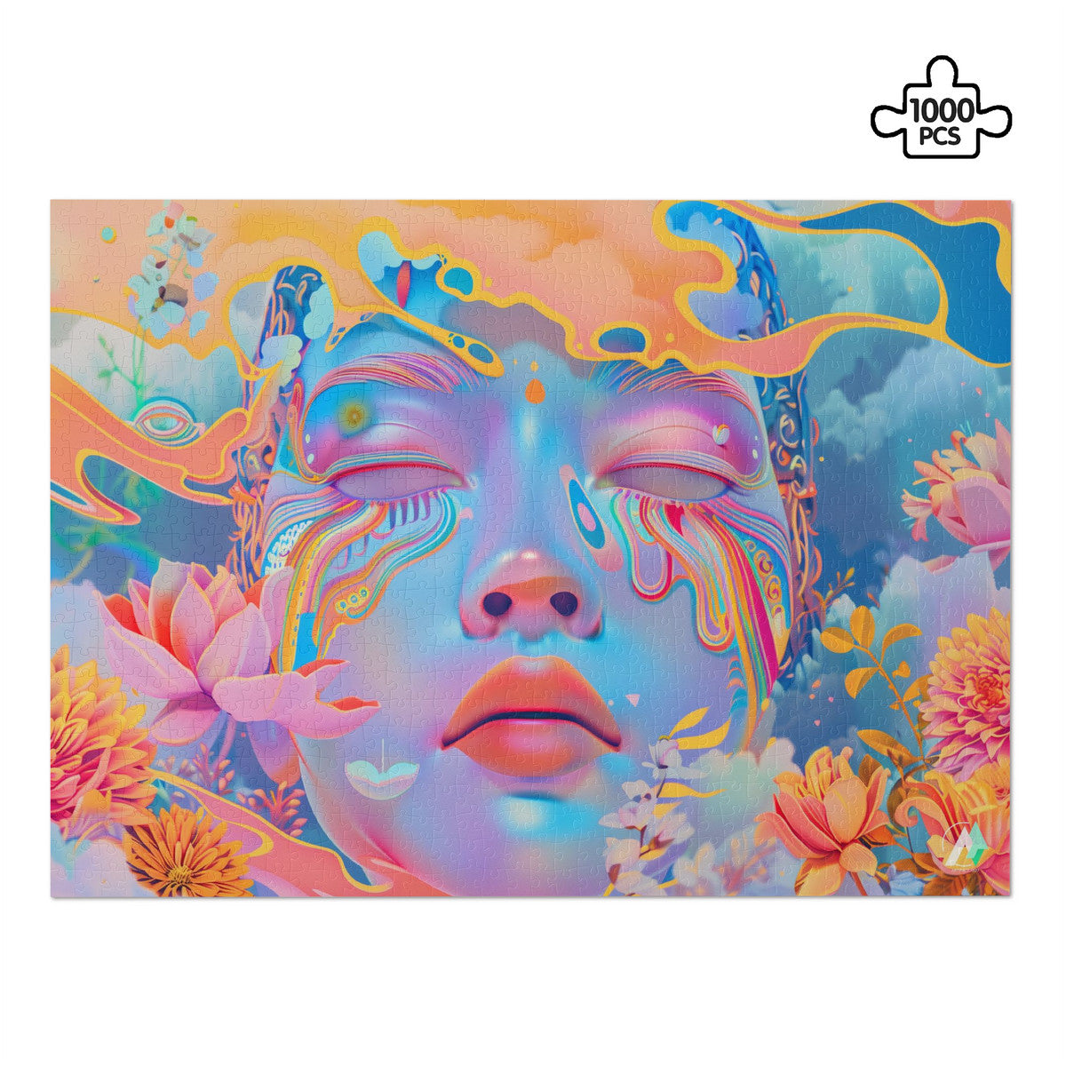 Indian Veda in Pastels I Puzzle: A 500 or 1000-piece puzzle featuring a woman's face adorned with flowers, showcasing modern art by @shinjoku13.
